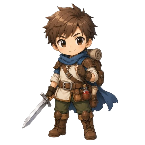 Aventureiro chibi masculino oficial de Eldora pronto para iniciar a jornada
