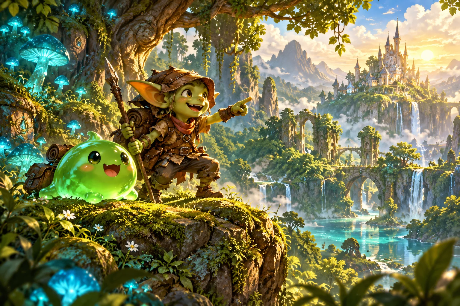 Slime e goblin na floresta, arte conceitual